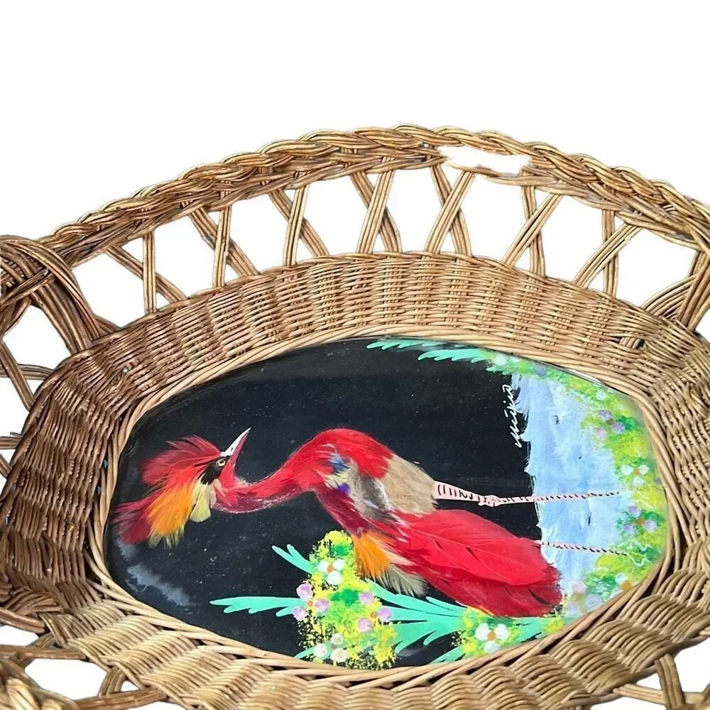 Vintage Mexico Bird Feather Folk Art Painted Wicker Basket Wall Decor 12
